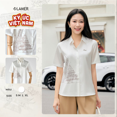 Áo Kiểu Sơ Mi Nữ LAMER FASHION Lụa Ngọc Trai Công Sở Dáng Suông Ngắn Tay In Họa Tiết Đính Logo KUVN O61H26Q006