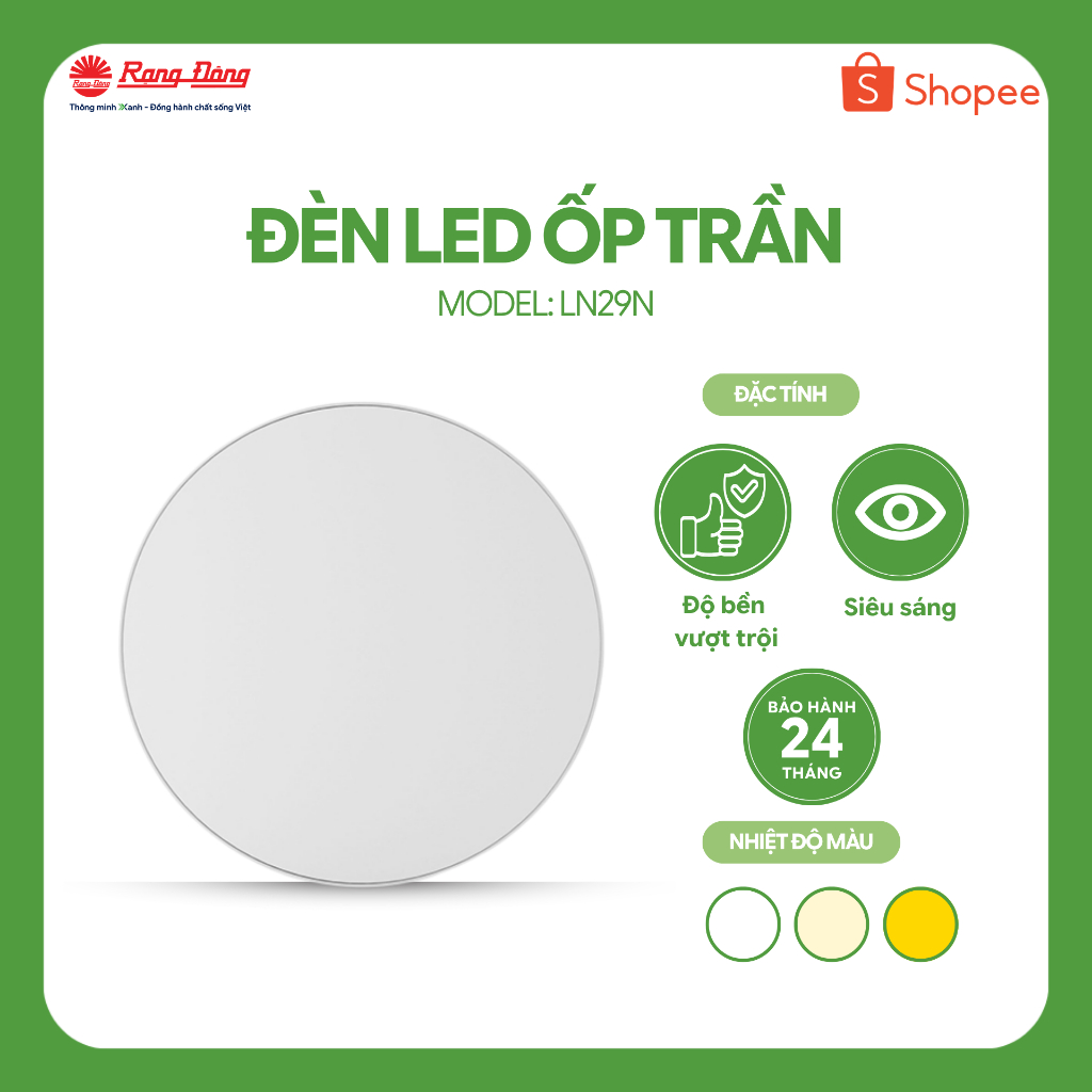 Đèn LED ốp trần tròn Rạng Đông LN29N  đế nhựa.
