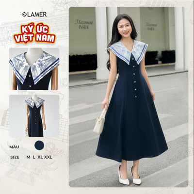 Đầm Công Sở Dáng Dài LAMER FASHION Đi Làm Đi Tiệc Phối Cổ In Họa Tiết Sát Nách O63M26H002