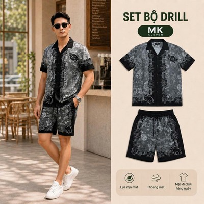Set Bộ Nam Drill MK CLEVER chất lụa mịn mát, áo thiết kế cổ Cuban thoáng mát, co giãn, form dáng thoải mái, trẻ trung