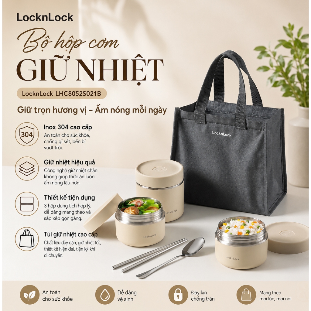Bộ hộp cơm giữ nhiệt inox 304 LocknLock kèm bộ đũa thìa và túi giữ nhiệt LHC8052S02 1100ml