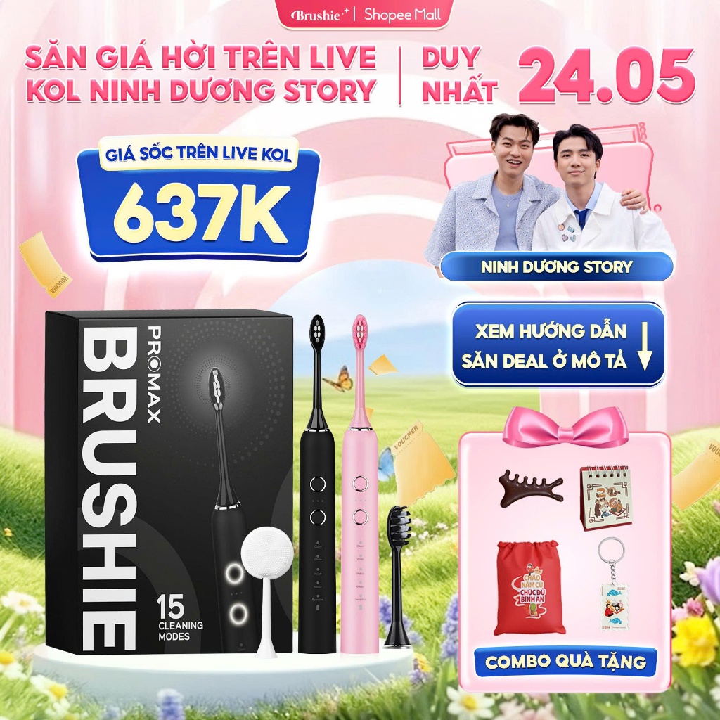 [GIÁ 637K LIVE ECOGO] Bàn chải điện Brushie Promax 15 chế độ làm sạch, set quà valentine tặng người yêu KOL KOC