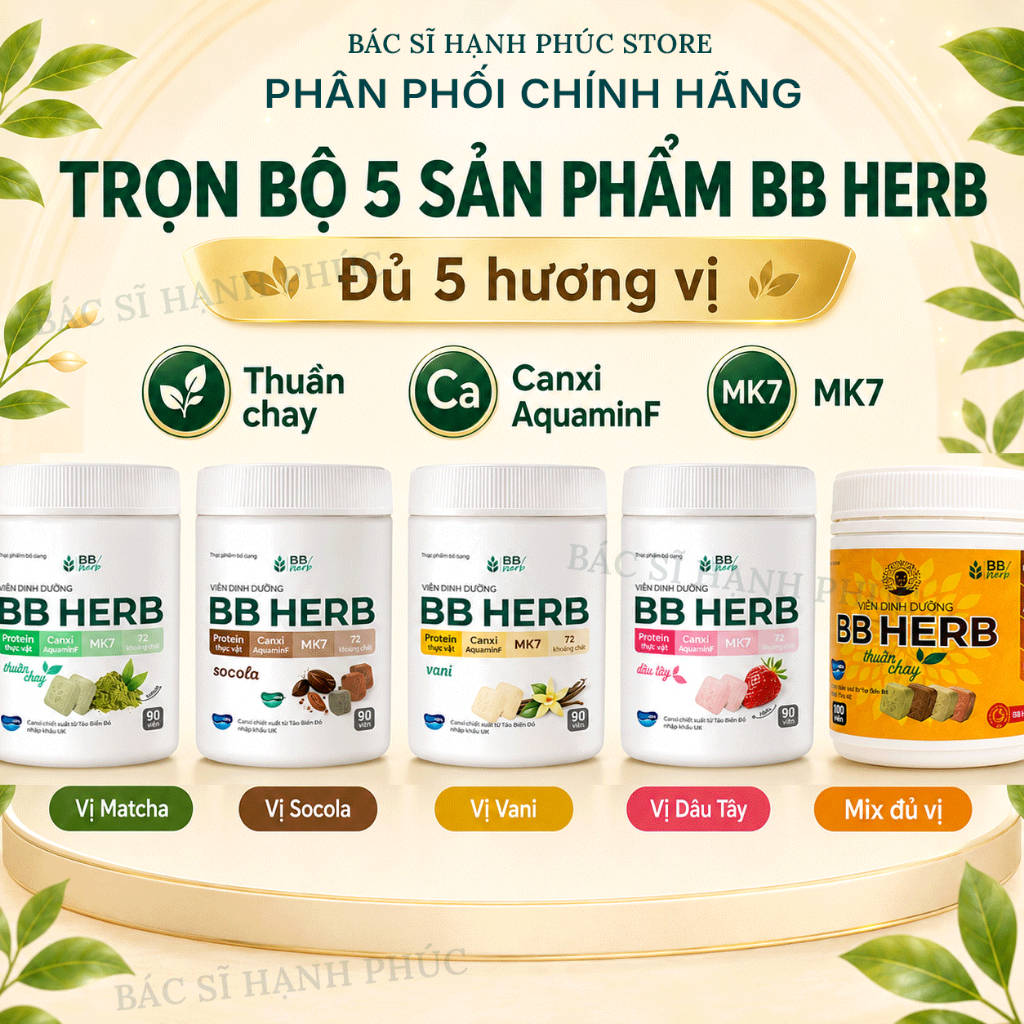 Viên Sữa Dinh Dưỡng BB HERB đủ vị, Vani, Matcha, Socola, Dâu Tây | Protein Thực Vật, Canxi AquaminF
