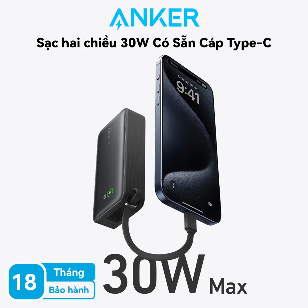 Anker Nano A1259 Sạc Dự Phòng 10000mAh 30W - Kèm Cáp Type-C In/Out, Hỗ Trợ PD, PPS, QC, Bảo Hành 18 