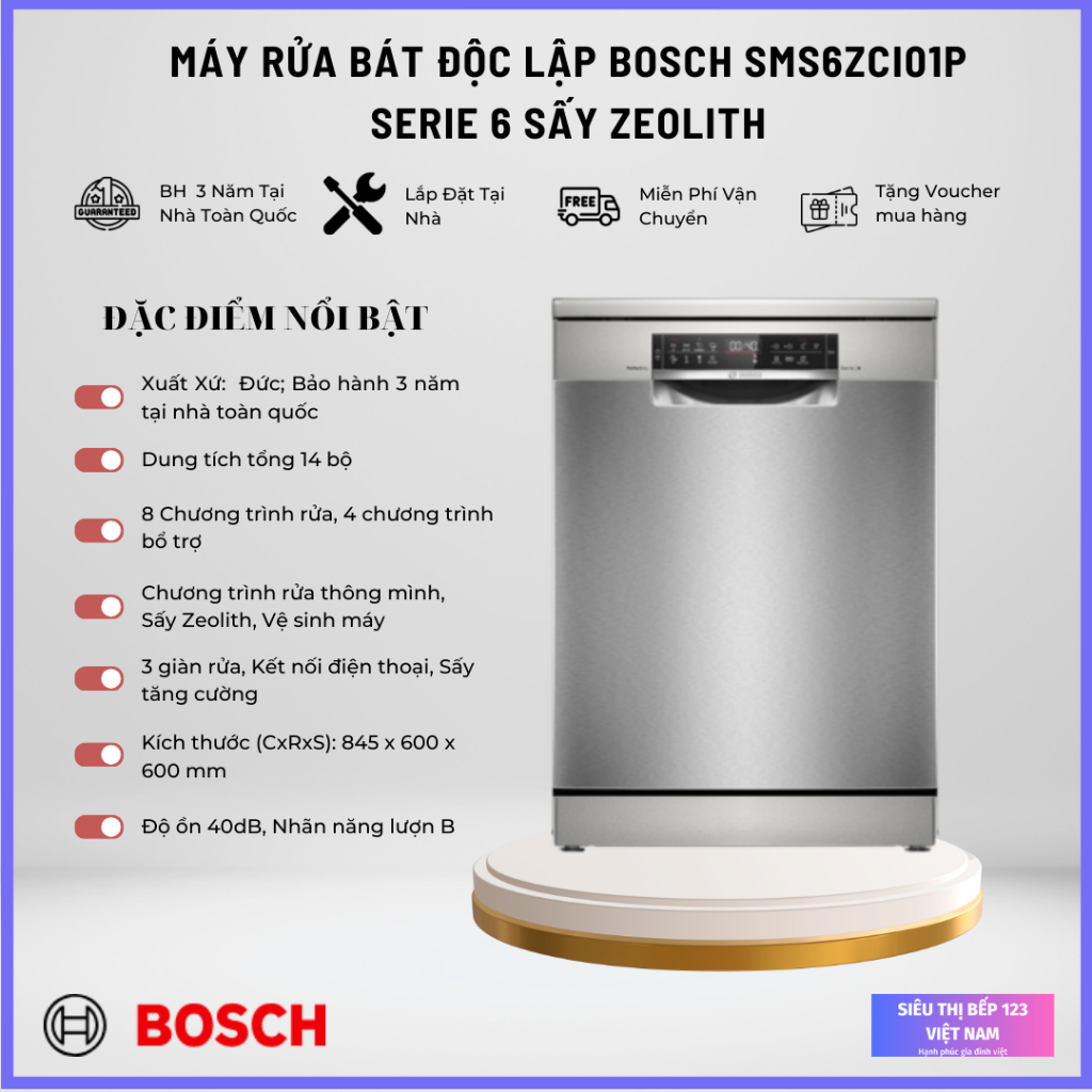 [Best Seller] Máy Rửa Bát Bosch SMS6ZC01PM/SMS6ZCI00P/SMS6ZCI02P Seri 6 Sấy Zeolith, Made In Germany