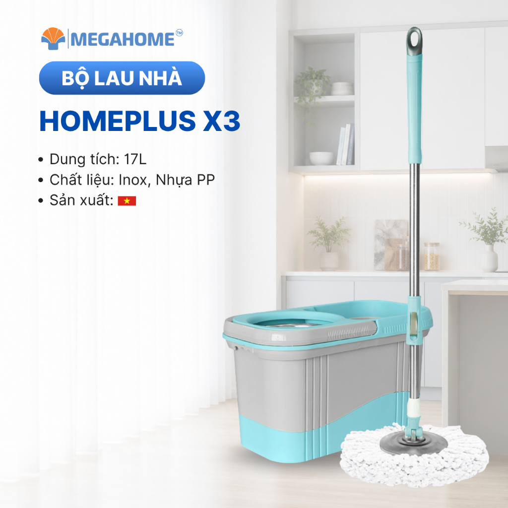 Bộ Lau Nhà Thông Minh Homeplus X3 Megahome 360 độ mâm lau inox, cây lau nhà inox bền, siêu nhẹ