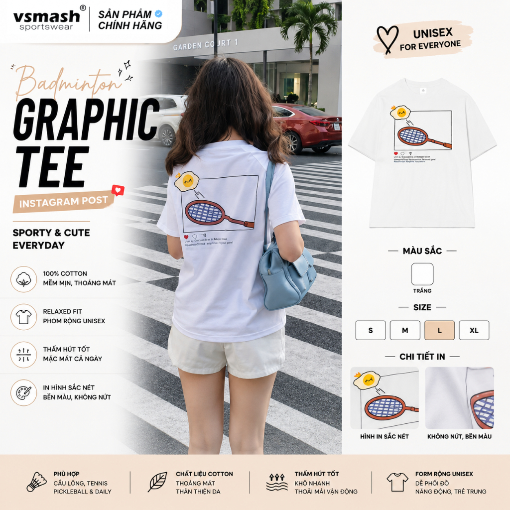 Áo Thun Cầu Lông Unisex Vsmash Sportwear "INSTAGRAM POST" – Vải Bông Em Bé Mềm Mịn Cao Cấp, Thoáng M