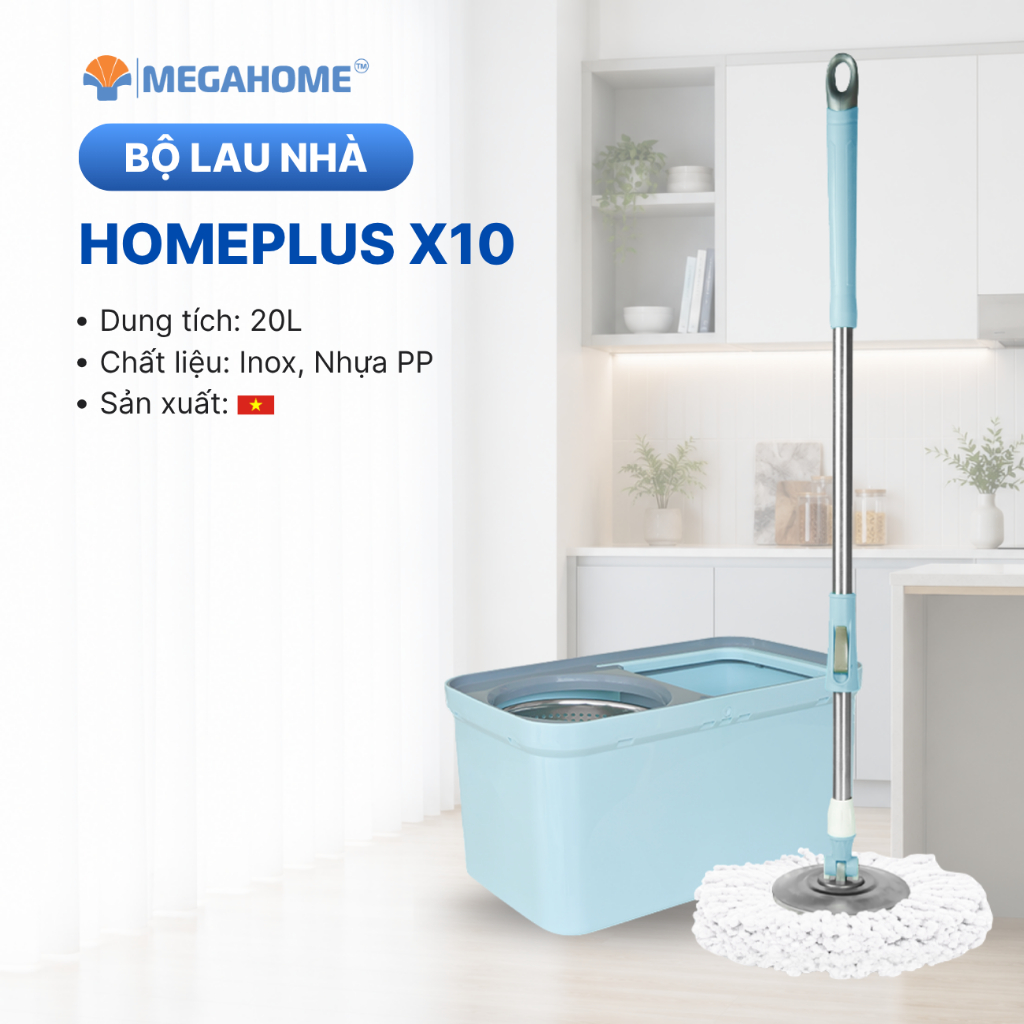 [Tặng 1 bông lau] Bộ lau nhà Megahome Homeplus X10 thùng lau vuông sang trọng, cây lau siêu nhẹ