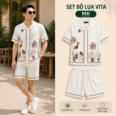 Bộ Đồ Nam Vita MK CLEVER chất lụa mịn mát, áo thiết kế cổ Cuban thoáng mát, co giãn, form dáng thoải mái, trẻ trung
