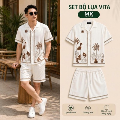 Set Bộ Lụa Nam Vita MK CLEVER chất lụa mịn mát, áo thiết kế cổ Cuban thoáng mát, co giãn, form dáng thoải mái, trẻ trung