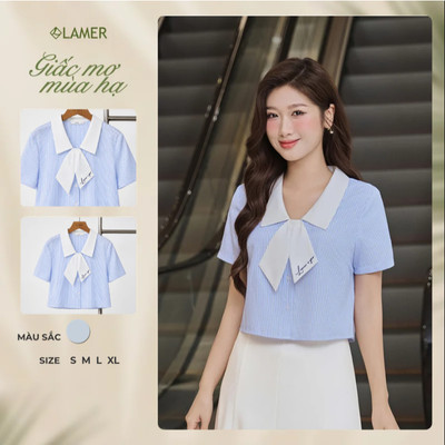Áo Kiểu Nữ Sơ Mi LAMER FASHION Dáng Croptop Phối Cổ Nơ Kẻ Sọc Xanh Dương Công Sở O61H24H021