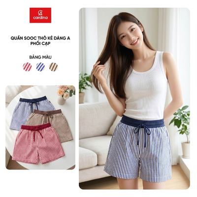 Quần đùi sooc nữ CARDINA chất liệu thô kẻ dáng A phối cạp 6QSA03