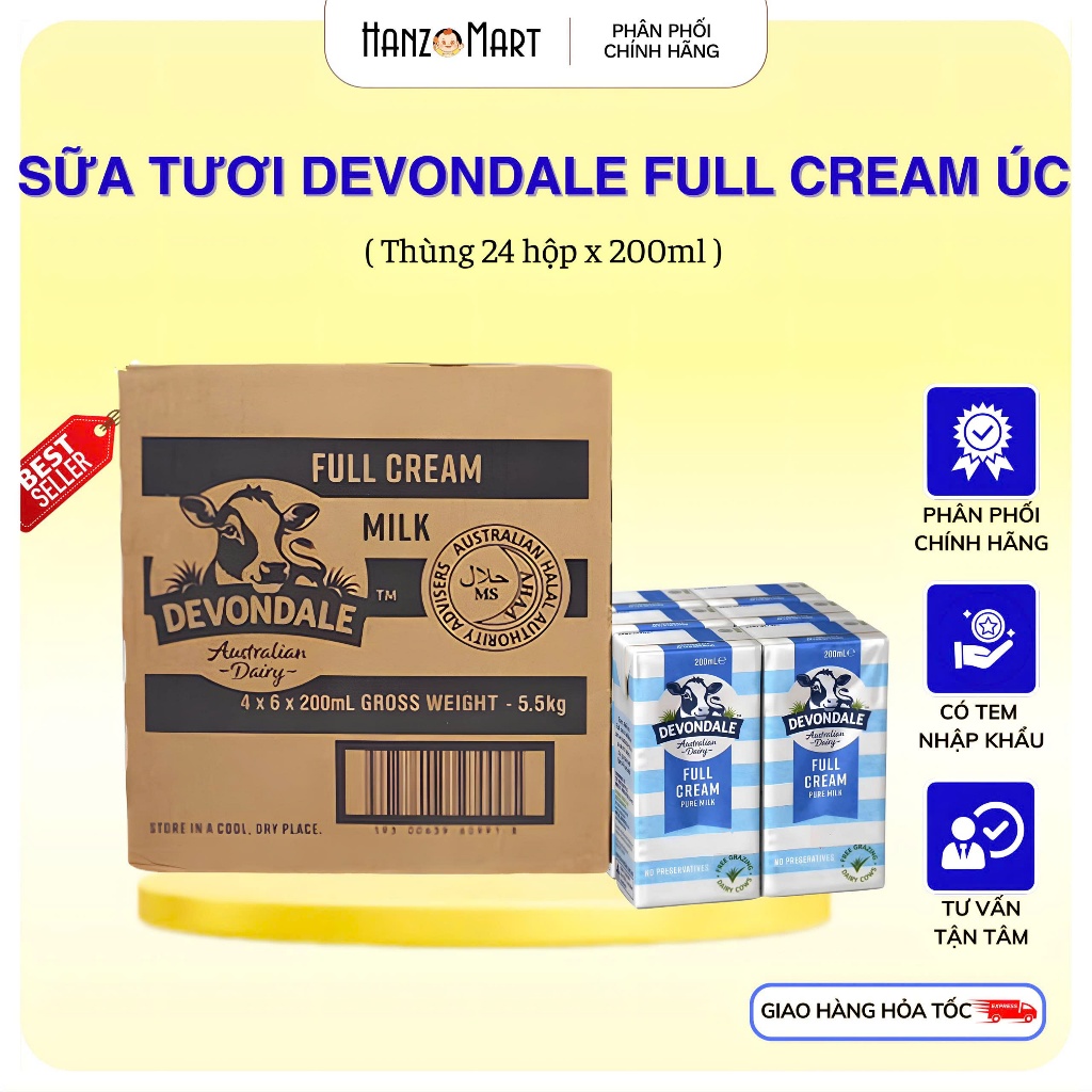 Sữa tươi Devondale full cream Úc (thùng 24 hộp 200ml) - hanzo2009