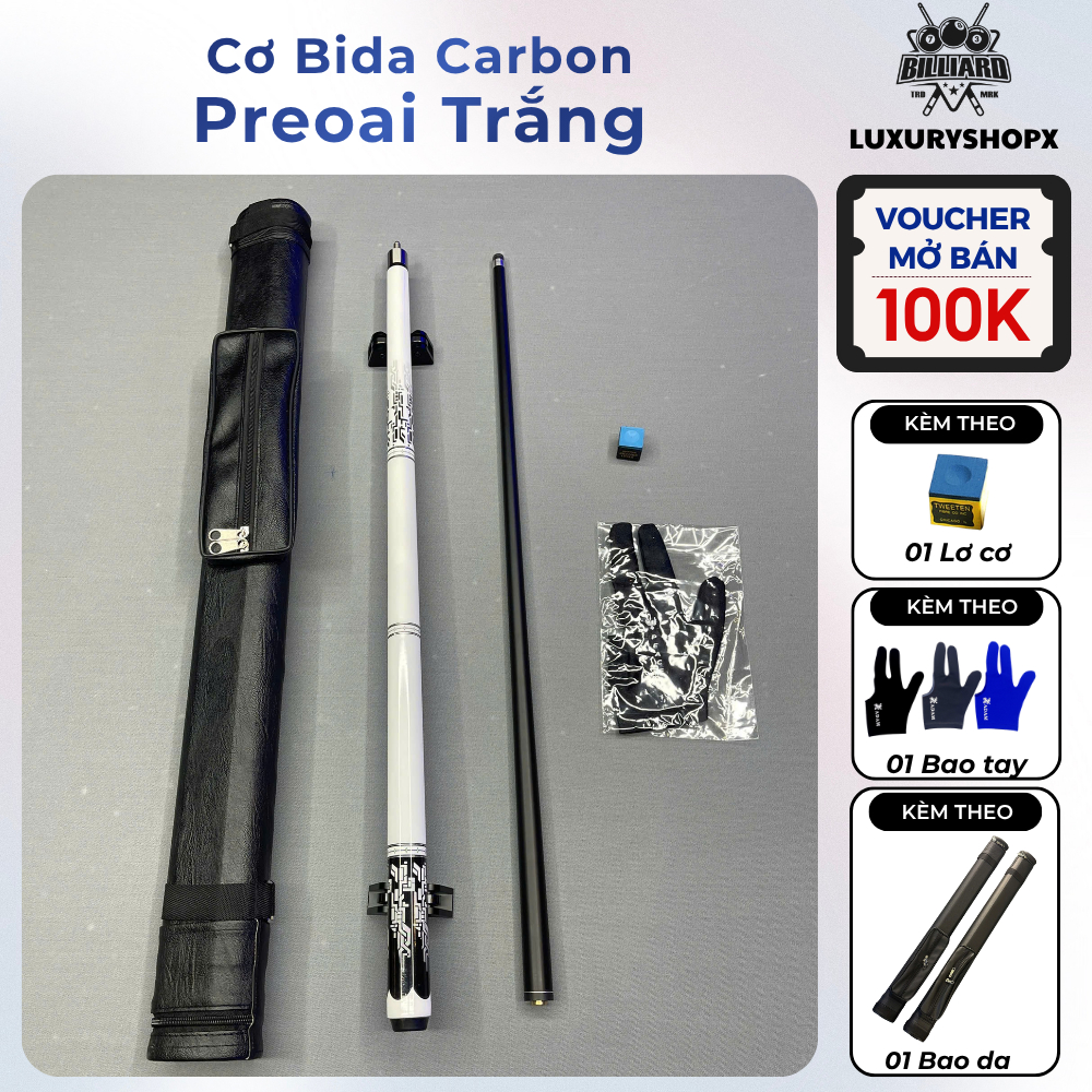 Cơ Bida Carbon Preoai, Gậy bi a phủ Carbon cao cấp, Combo Cơ Lơ Bao da+Găng tay - Billiards Luxurysh