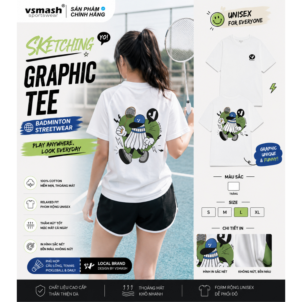Áo Thun Cầu Lông Unisex Vsmash Sportwear – In lụa "SKETCHING" – Vải Bông Em Bé Mềm Mịn Cao Cấp, Thoá