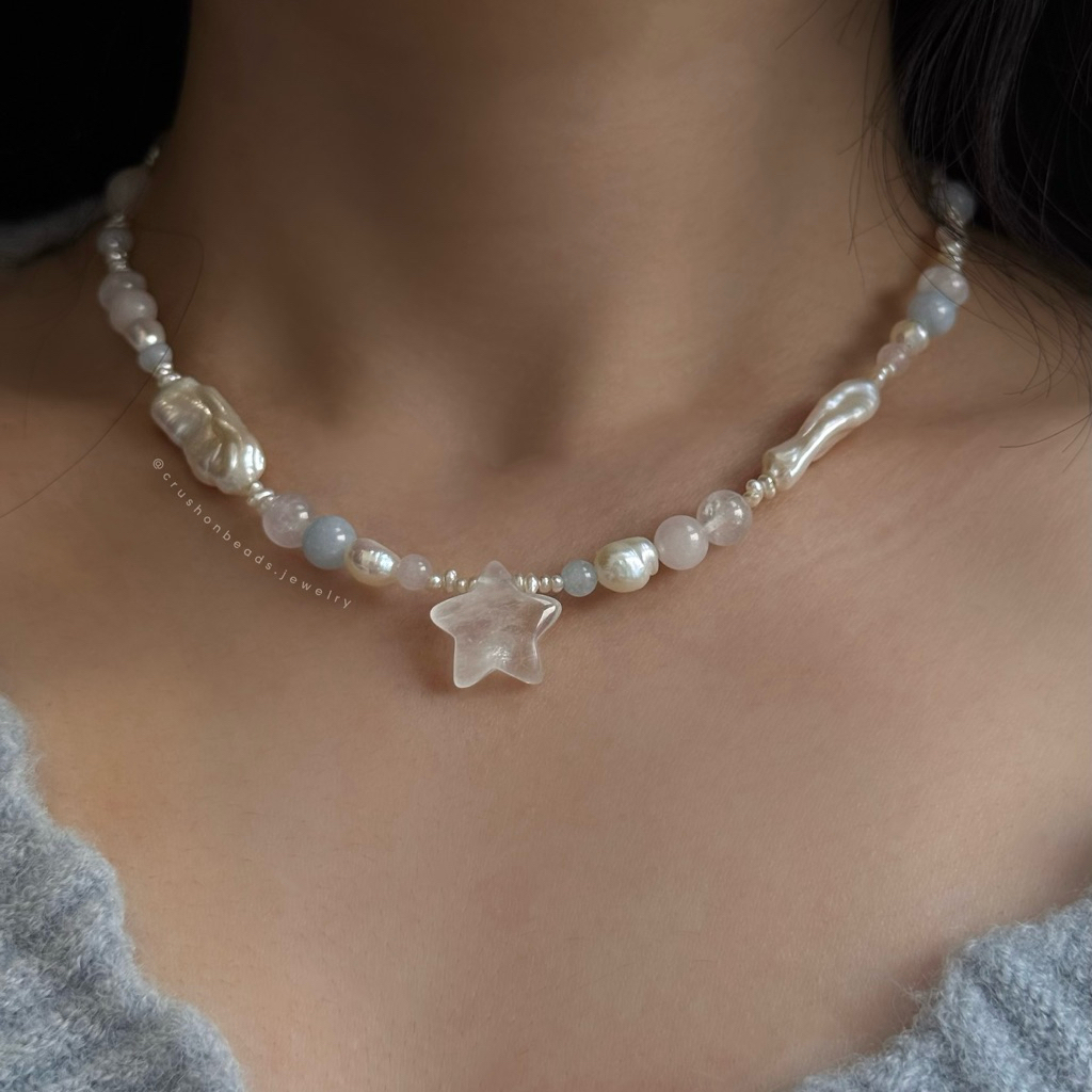 Vòng Cổ Handmade Dotie - Trai Nước Ngọt Phối Charm Thạch Anh Trắng Dễ Thương CrushonBeads