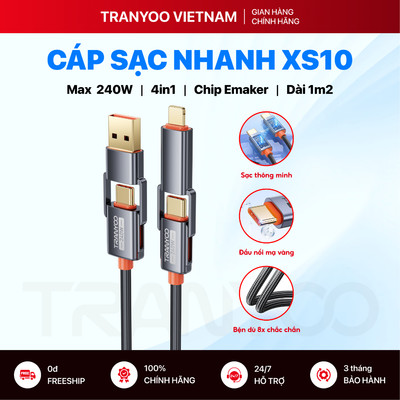Cáp Sạc Nhanh TRANYOO XS10 Đa Năng 4in1 USB to Type C | L Type C to Type C | L Sạc Tối Đa 240W