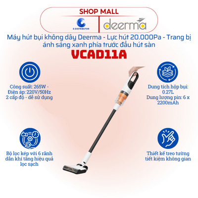 [HỎA TỐC] Máy hút bụi cầm tay không dây Deerma VCAD11A - Lực hút 20.000Pa - Hàng chính hãng