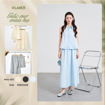 Áo Kiểu Nữ Sát Nách LAMER FASHION Cổ Trụ Mí Gấu Phối Chân Váy Xòe Dài Eo Chun V61B25H013 V62L25H003