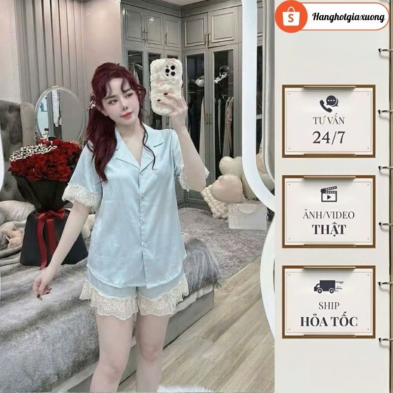 Pijama nữ,Set đồ ngủ nữ lụa gấm phối bèo ren sang xịn bộ pijama cộc tay khuy đá tôn da HCOM25201