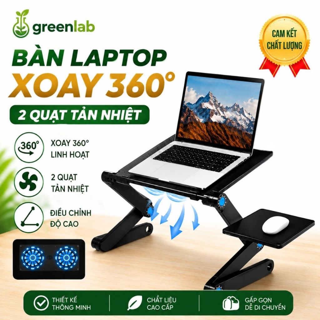 Bàn để máy tính Laptop xoay 360 độ có 2 quạt tản nhiệt bàn rê chuột nhiều tư thế chính hãng Hakasaki