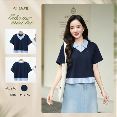 Áo Kiểu Nữ Sơ Mi Công Sở LAMER FASHION Dáng Croptop Cổ Bẻ Phối Kẻ Trẻ Trung H61B25H011