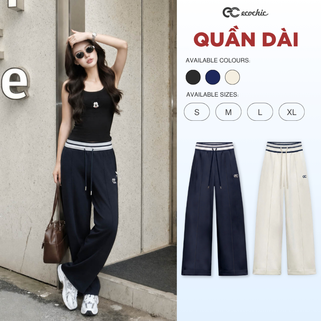 Quần Suông ECOCHIC Ống Rộng Phối Viền Cạp Cao Dây Rút Chất Liệu Thoáng Mát Cao Cấp Chính Hãng B232
