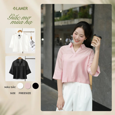 Áo Kiểu Nữ LAMER FASHION Dáng Sơ Mi Croptop Công Sở Cổ V Cánh Dơi Tơ Lụa Mềm Mát O61B25H010