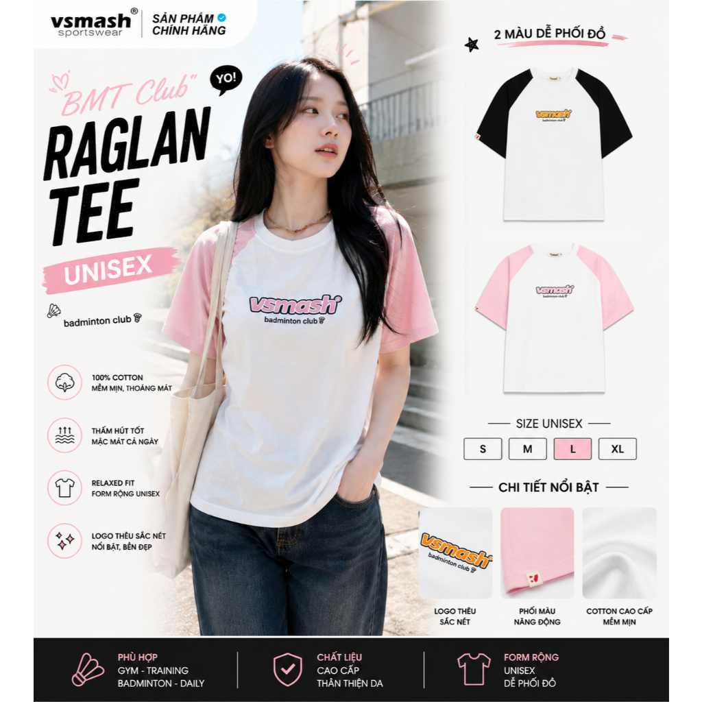 Áo Thun cầu lông tay Raglan Vải em bé Vsmash Sportswear LOGO THÊU Mềm mịn, Thoáng mát,Thấm hút, gym,