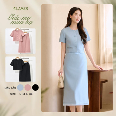 Áo Kiểu Nữ Croptop LAMER FASHION Cổ Tròn Tay Ngắn Phối Chân Váy Suông Công Sở V65D25H001 V62T25H004