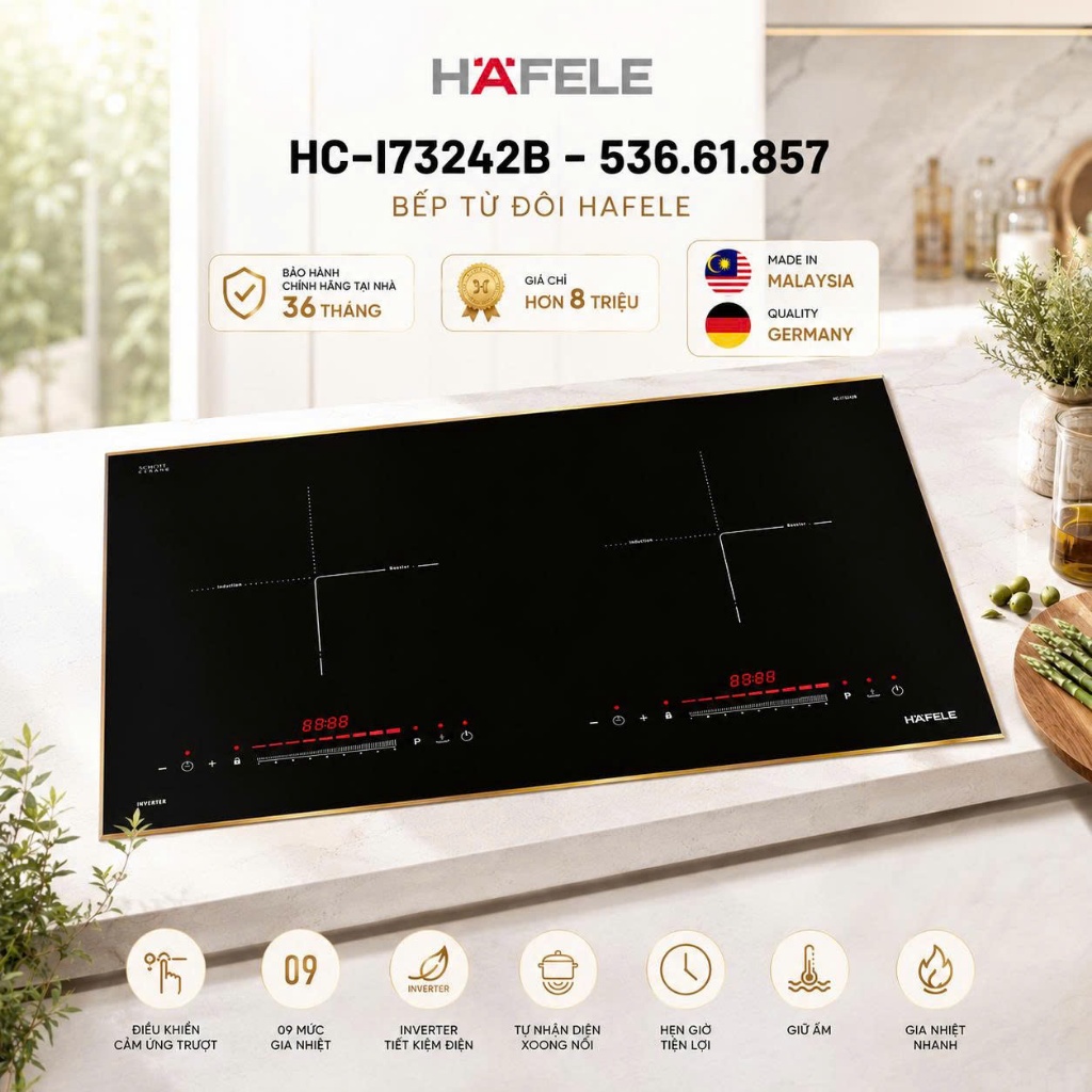 Bếp từ đôi Hafele HC-I73242B - 536.61.857 - Schott Ceran - Inverter, Bo viền - 73x43cm -Malaysia