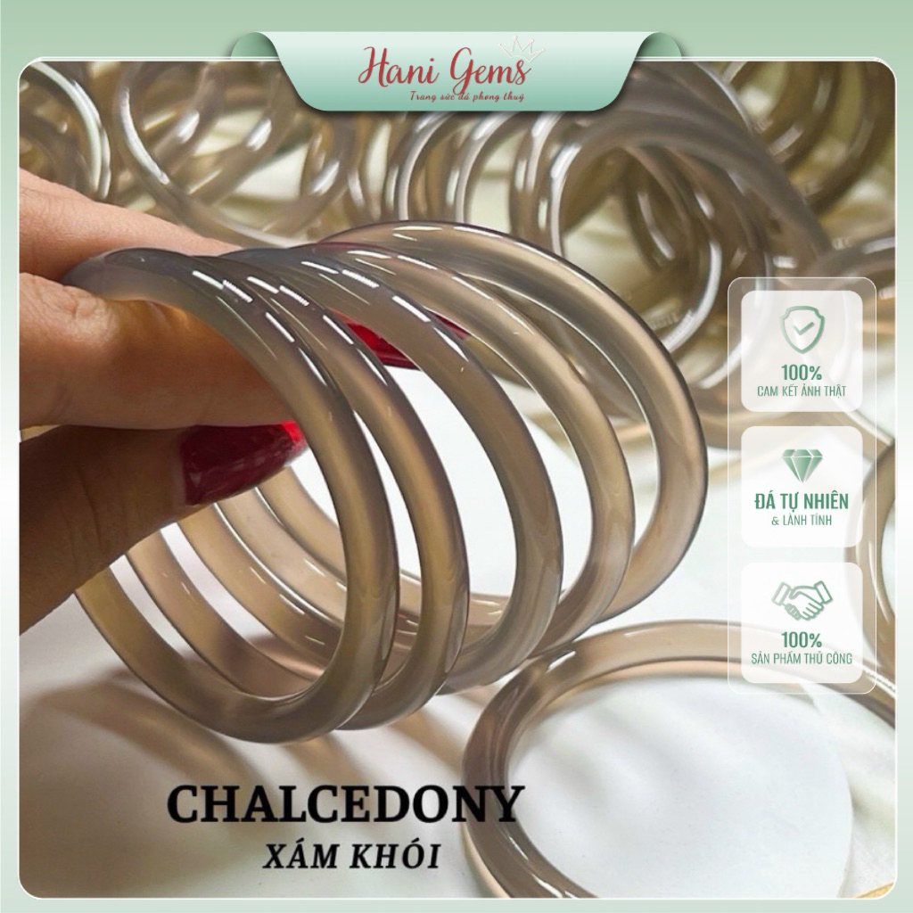 VÒNG TAY BẢN ĐŨA CHALCEDONY MÀU XÁM KHÓI SIÊU VIP Size Ni 51-52 Hani Gems ( Tặng hộp )