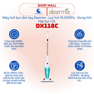 [HỎA TỐC] Máy hút bụi cầm tay Deerma DX118C - Lực hút 15000Pa - Dung tích 1.2L - Hàng chính hãng