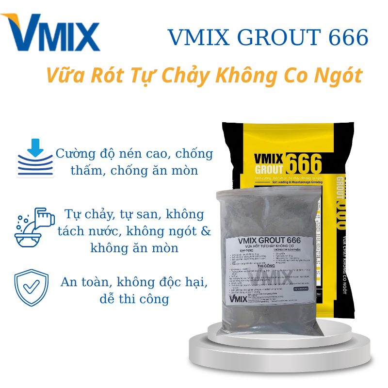 [5Kg] Vmix Grout 666 Mac 600 Vữa Tự Chảy Không Co Ngót Đổ Cổ Ống, Chống Thấm Gốc Xi Măng, Chống Thấm