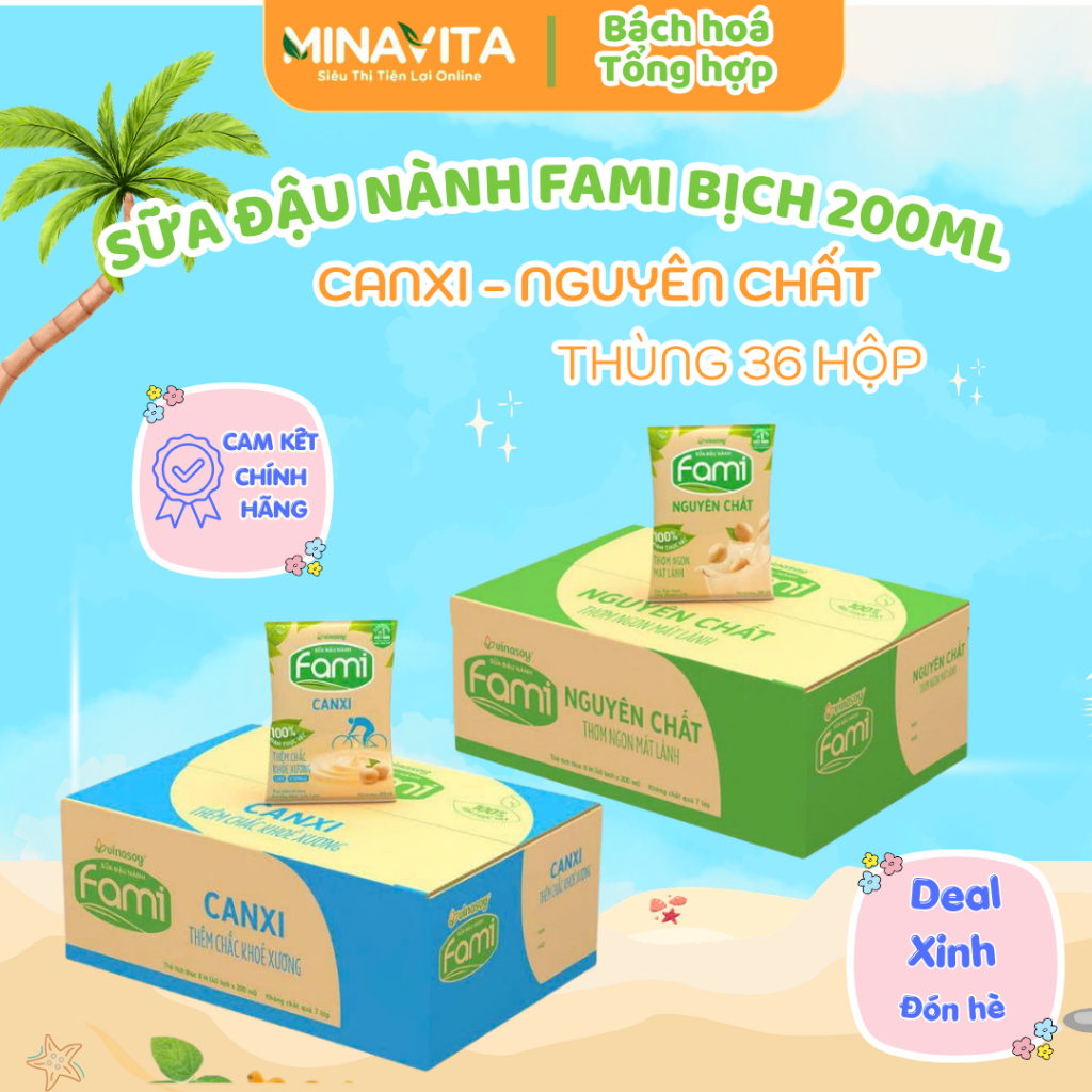 Thùng 40 bịch sữa đậu nành Fami nguyên chất/ Canxi bịch 200ml
