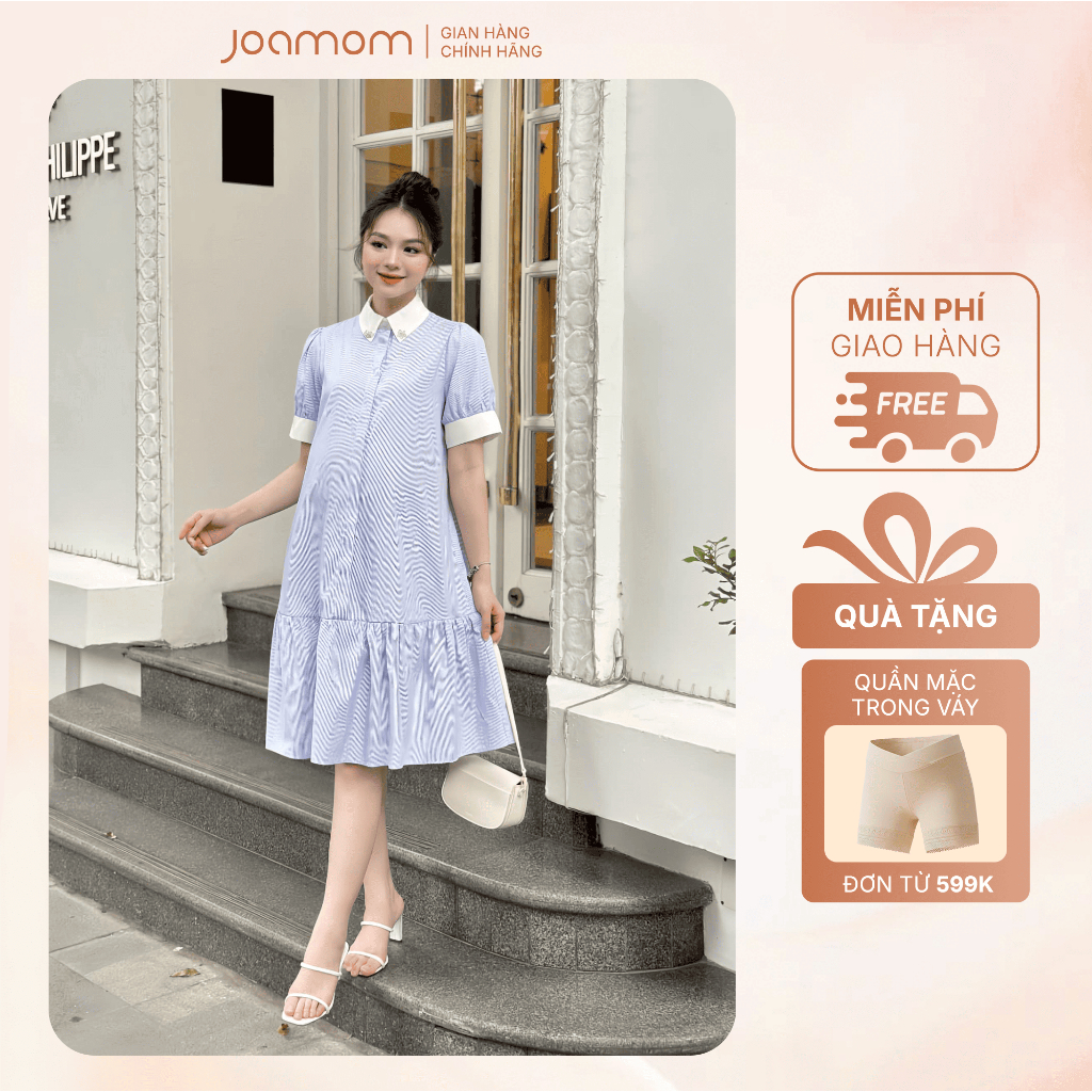 [Bestseller 2025] Váy Bầu Đầm Bầu Joamom Kẻ Xanh Cổ Sơ Mi Thiết Kế Nhẹ Nhàng Thoáng Mát - V356