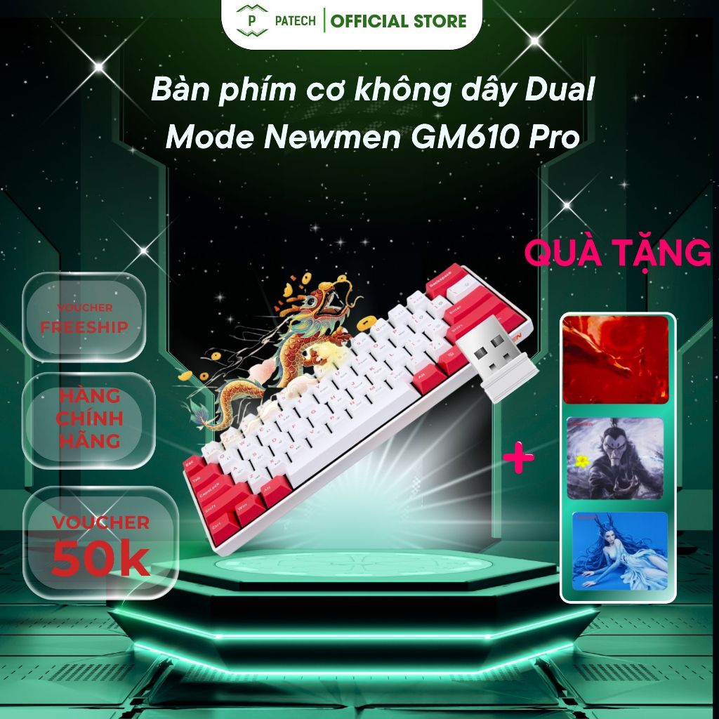 Bàn phím cơ không dây Dual Mode Newmen GM610 Pro - rồng & hổ( 61 phím ), bh 24 tháng,tương thích PC/