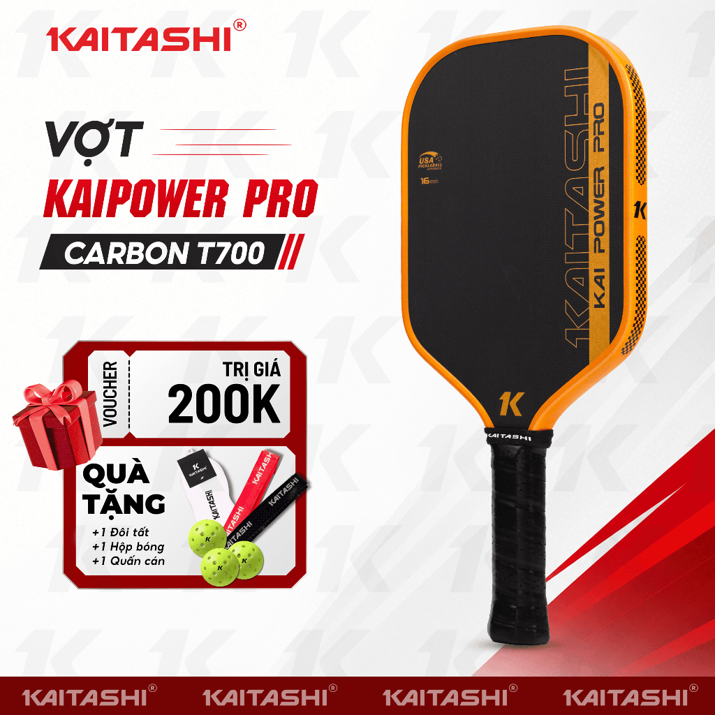 VỢT PICKLEBALL KAITASHI KAI POWER PRO CARBON T700 14MM/16MM, NHÁM THÔ TẠO SPIN, ĐÁNH ÊM TAY