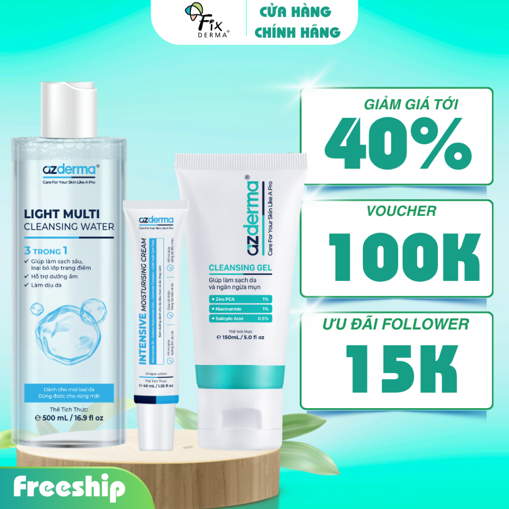 Combo Làm Sạch và Dưỡng Ẩm, sữa rửa mặt Cleansing Gel 150ml, nước tẩy trang 500ml và kem dưỡng ẩm Az