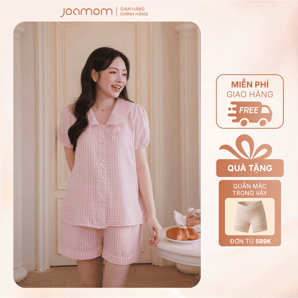 [NEW 2026] Đồ Bầu Sau Sinh Joamom Caro Hồng Chất Đũi Mềm Cổ Sen Phối Cúc Ngọc Trai Tiện Lợi - BB220