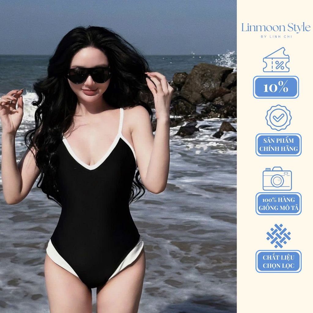 Bộ đồ bơi liền thân 1 mảnh phối viền trắng đen sang chảnh, bikini bodysuit 2 dây ôm eo sexy | BigBuy360 - bigbuy360.vn