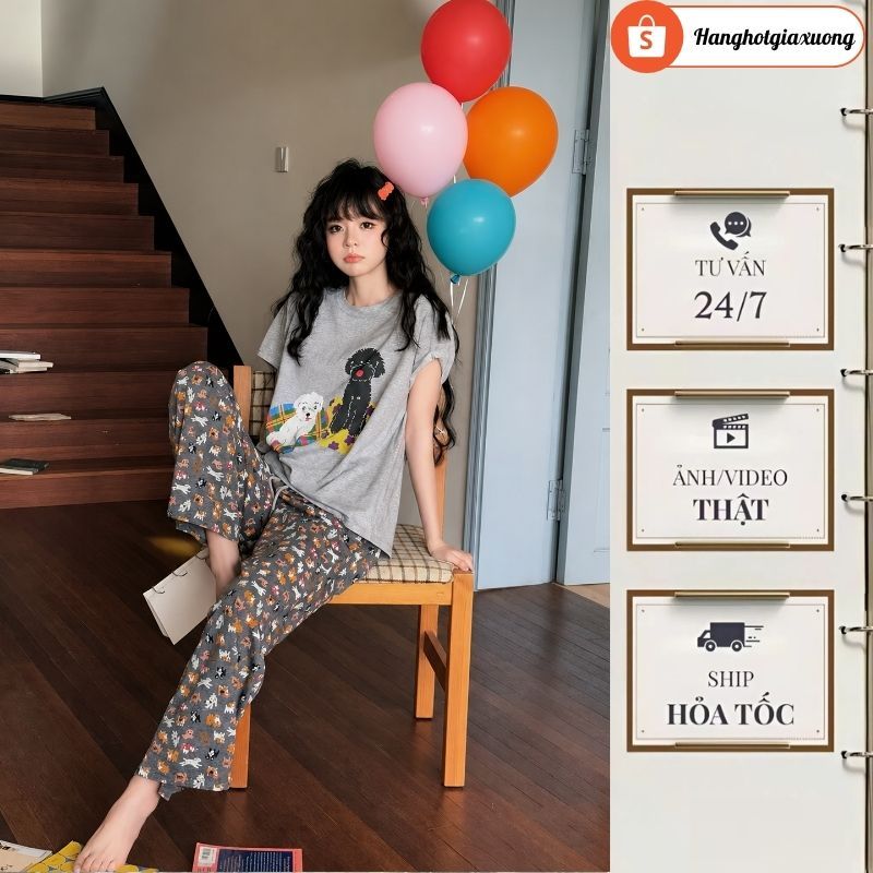 Set đồ ngủ nữ cute hình cún đáng yêu,set đồ thun cộc tay quần dài ống rộng màu xám tiêu hcom25233
