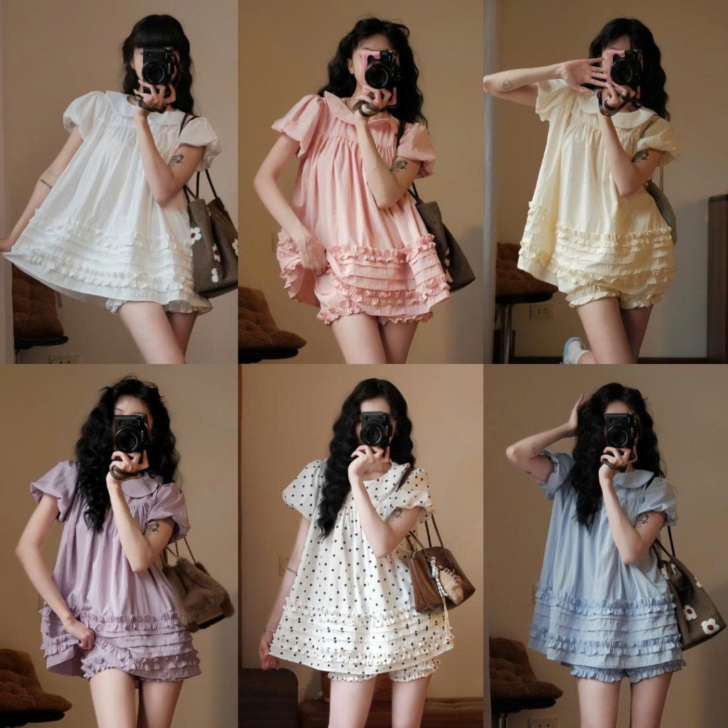 (Tặng quần bí) Áo Váy Babydoll Cổ Sen 2 Lớp Form Rộng Gấu Viền Bèo Kèm Quần Bí Phồng Bo Chun 247Store | BigBuy360 - bigbuy360.vn