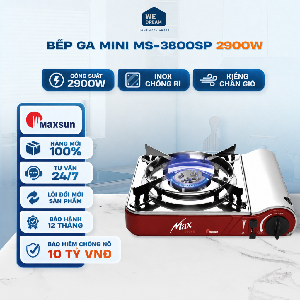 Bếp Ga Mini Maxsun MS-3800SP 2.9kW Màu Đỏ - Hàng Chính Hãng