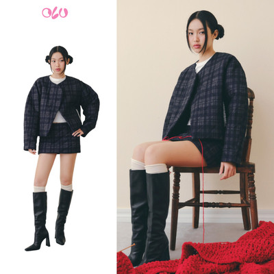 Set OLV áo khoác chần bông và chân váy ngắn Navy Kate Plaid Long Sleeves Set phù hợp thu đông