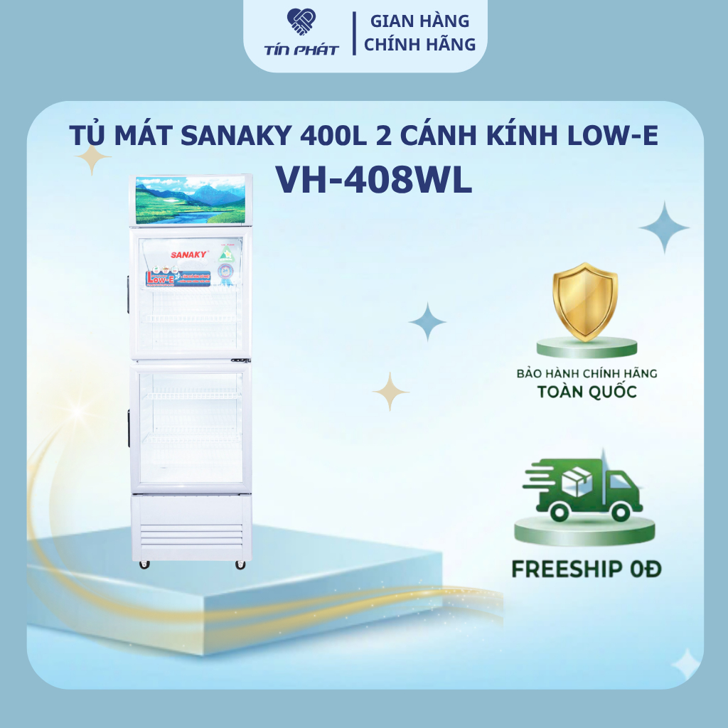 [ Miễn phí giao lắp HN ] Tủ Mát Sanaky 2 cánh kính Low-E 400 lít VH 408WL 408W3L - Hàng chính hãng