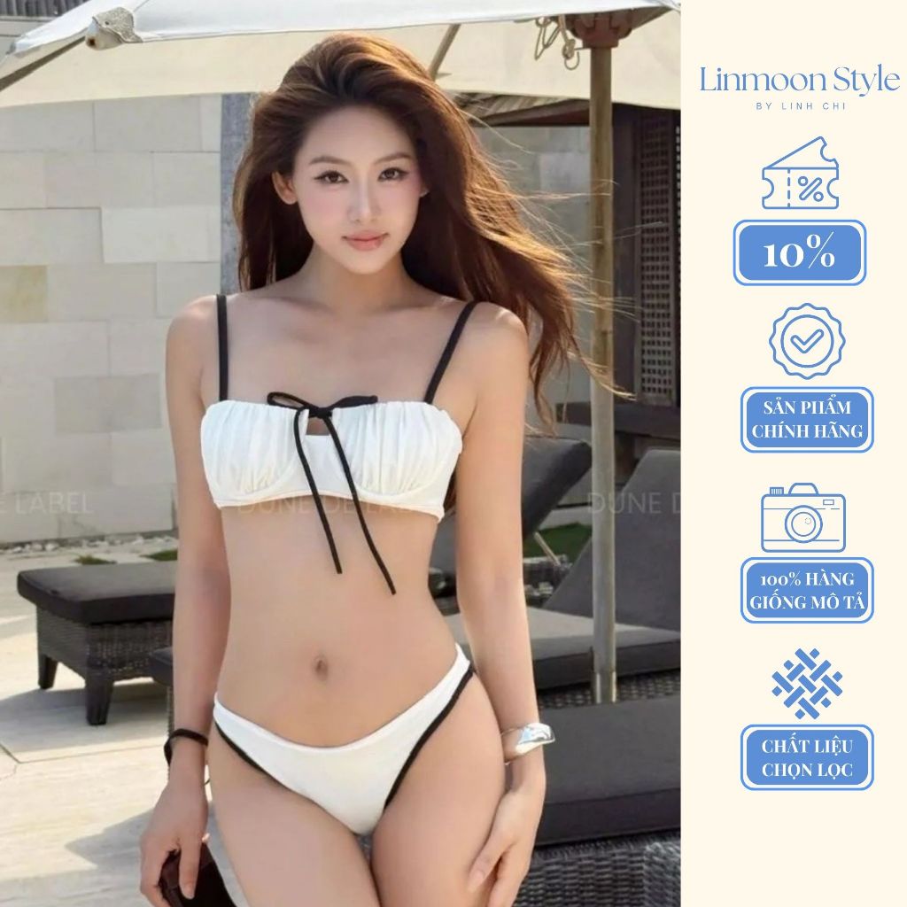 Set đồ bơi bikini 2 mảnh phối viền trắng đen sang chảnh, bộ đồ bơi thắt nơ cúp ngang nâng ngực tôn dáng đi biển | BigBuy360 - bigbuy360.vn