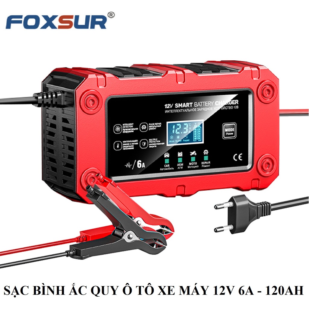 Bộ sạc bình ắc quy 12v 6A 120Ah foxsur có khử sunfat thông minh tự ngắt khi đầy HÀNG CHÍNG HÃNG