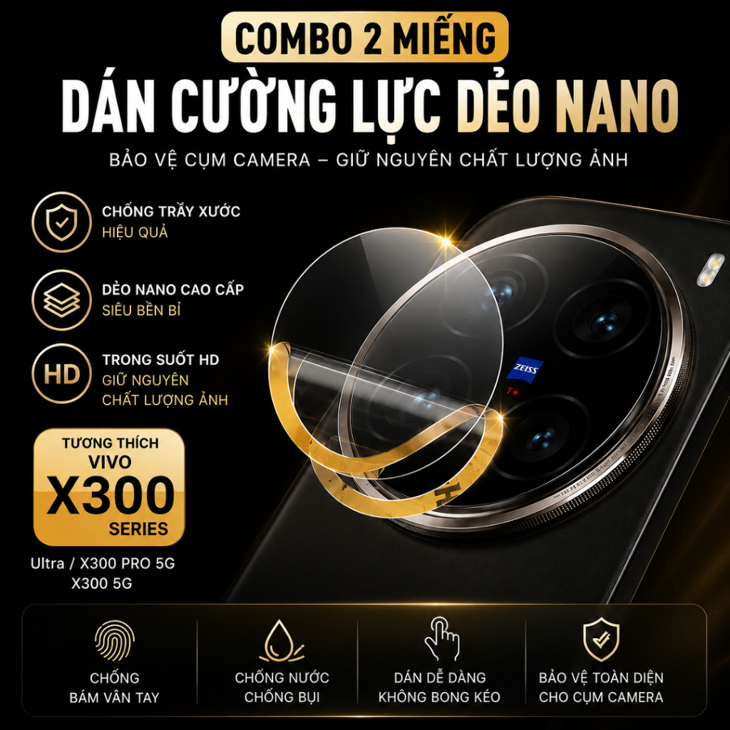 COMBO 2 MIẾNG DÁN CAMERA VIVO X300 5G / X300 PRO 5G / X300 ULTRA...CƯỜNG LỰC DẺO NANO 9H