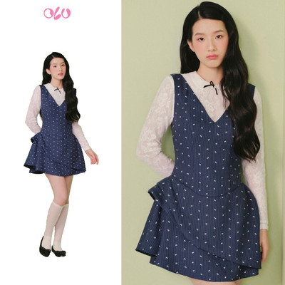 Đầm OLV hai dây cổ V Blue Bow Double Layered Mini Dress phù hợp đi chơi (không kèm áo trong)